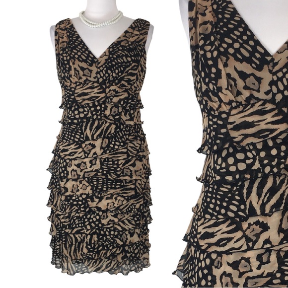 Jones New York Animal Print Ruffle Pleat Sleeveless Sheath Midi Dress size 10 - Picture 2 of 12